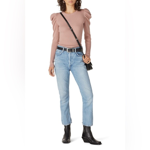 7 for All Mankind Pink Long Sleeve Ribbed Sweater with Puffy Shoulders, Size S - Picture 1 of 13
